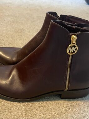 Michael Kors Dark Brown Leather Ankle Booties with Gold MK Zipper